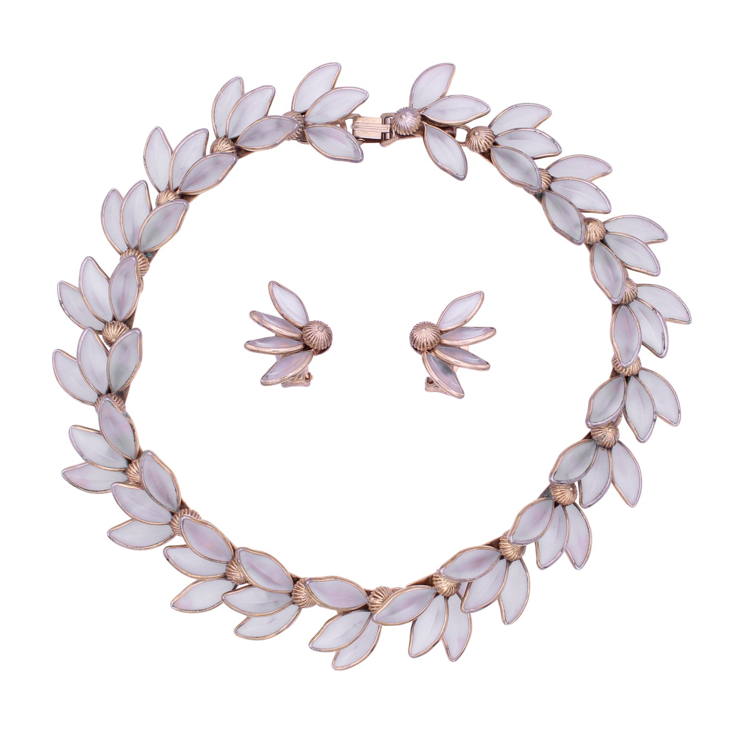 Trifari Frosted Flower Petal Necklace and Earrings Front