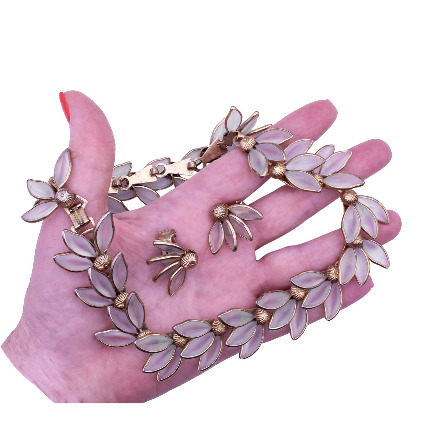 Trifari Frosted Flower Petal Necklace and Earrings Held