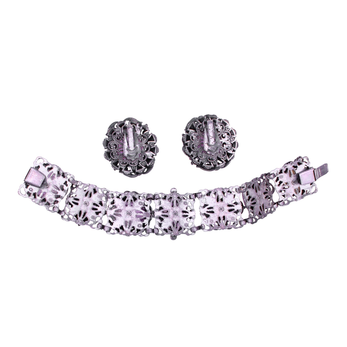 Amethyst Glass Scarab and Cabochons Filigree Bracelet and Earrings