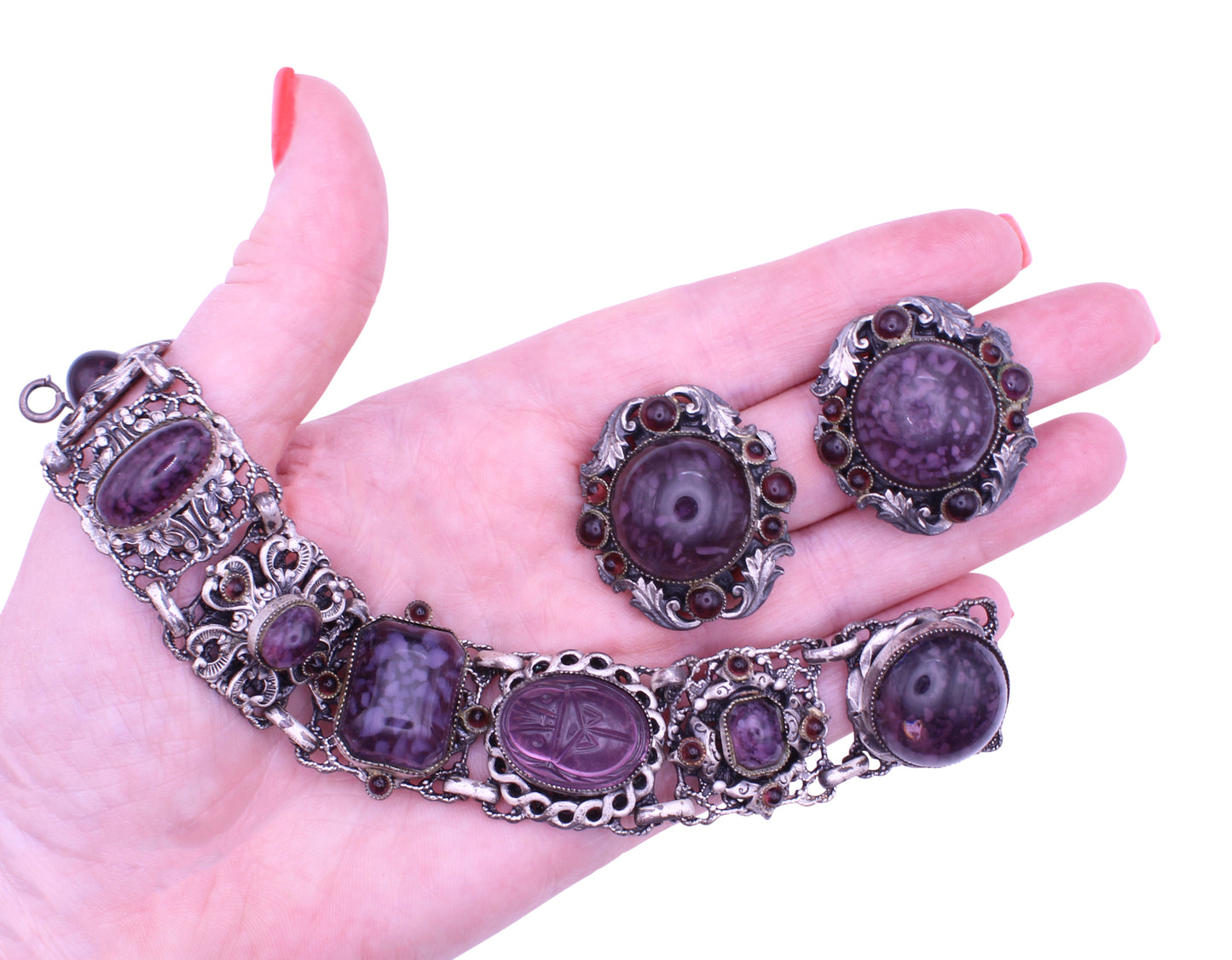Amethyst Glass Scarab and Cabochons Filigree Bracelet and Earrings