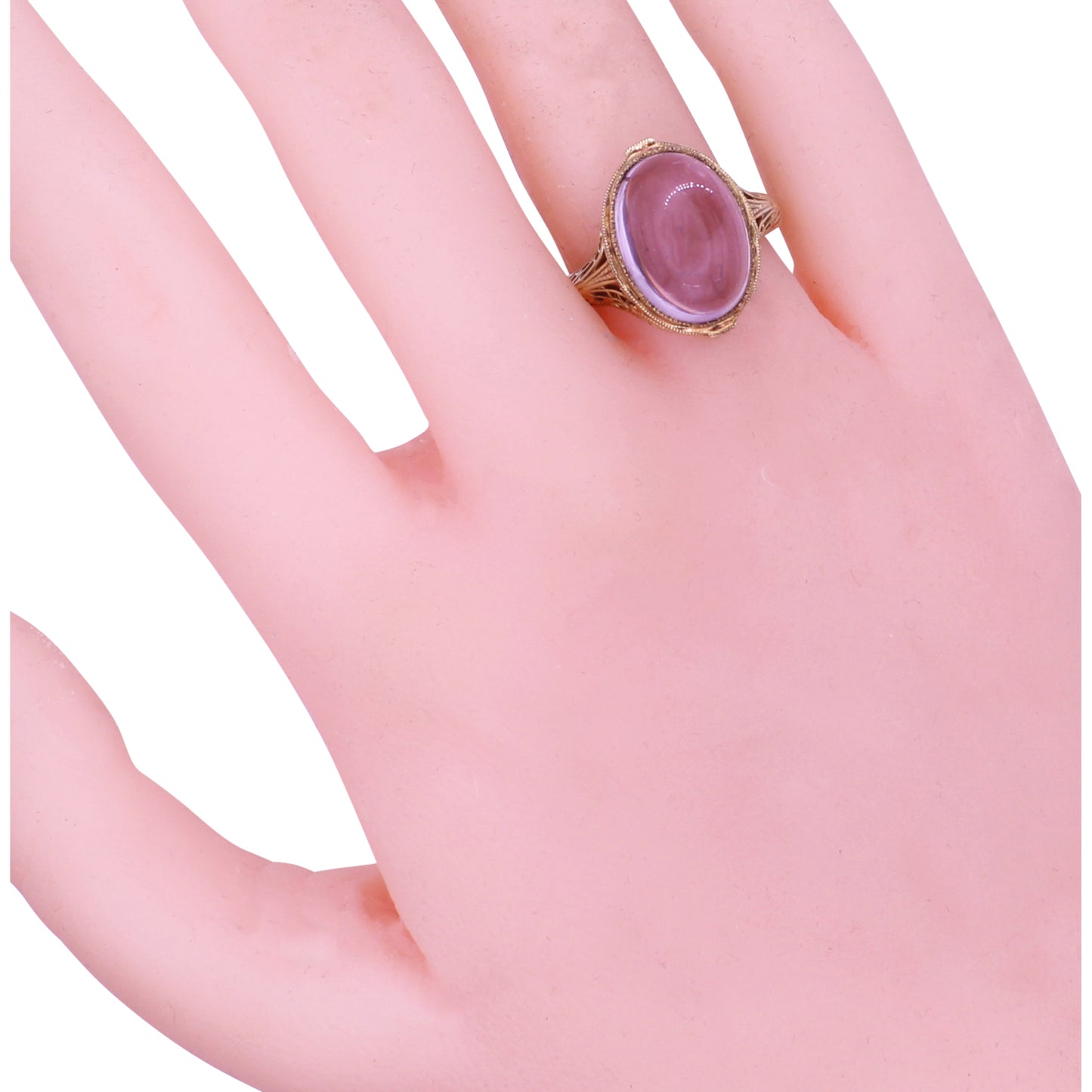 Art Deco 14k Yellow Gold Amethyst Cabochon Filigree Ring Worn
