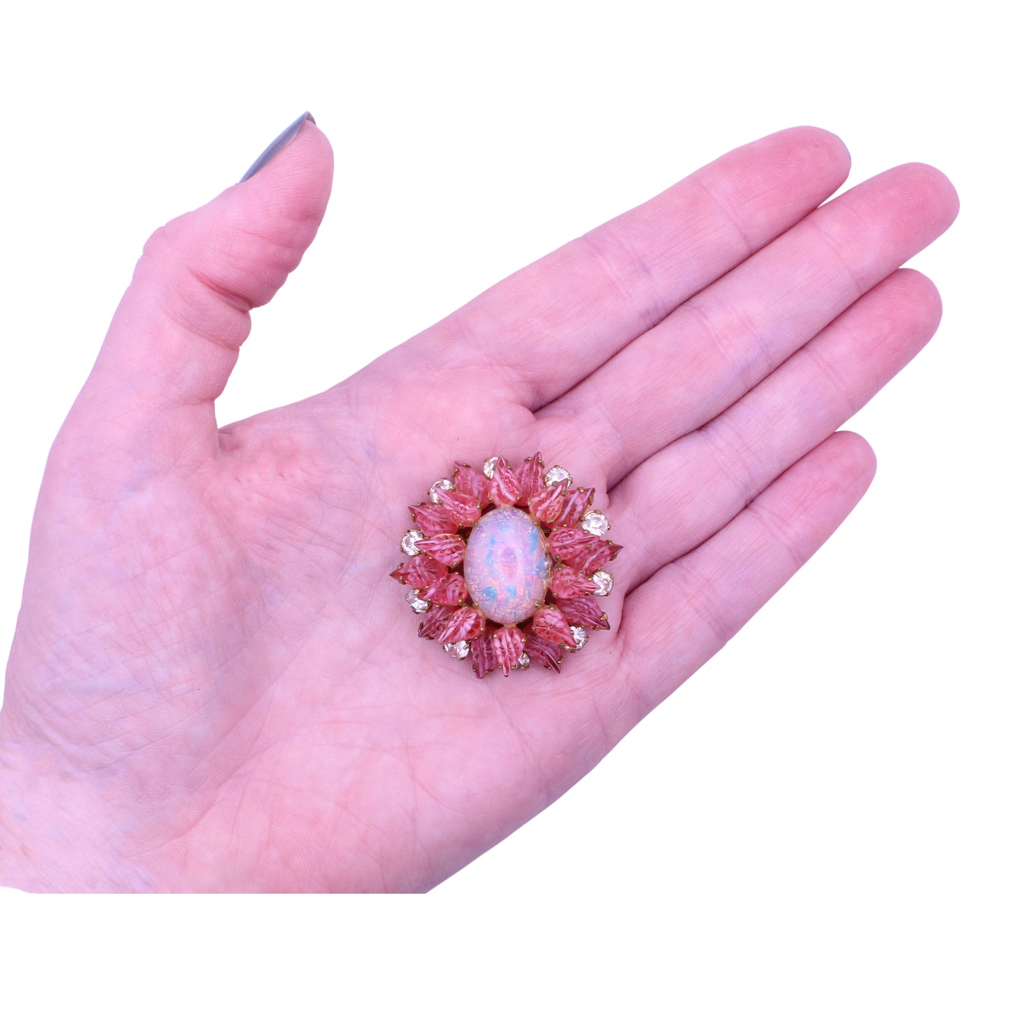 Antionette Pink Glass and Opal Glass Cabochon Pin Brooch Pendant Held