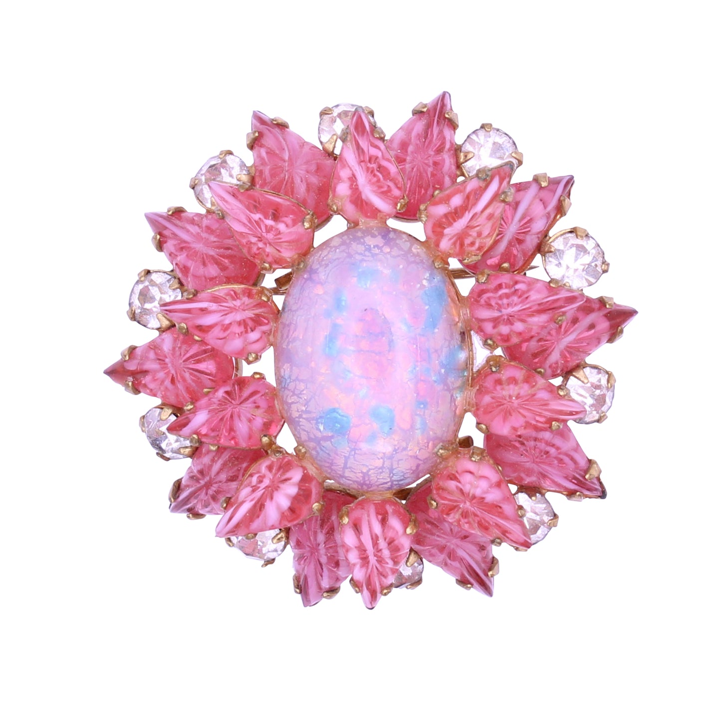 Antionette Pink Glass and Opal Glass Cabochon Pin Brooch Pendant