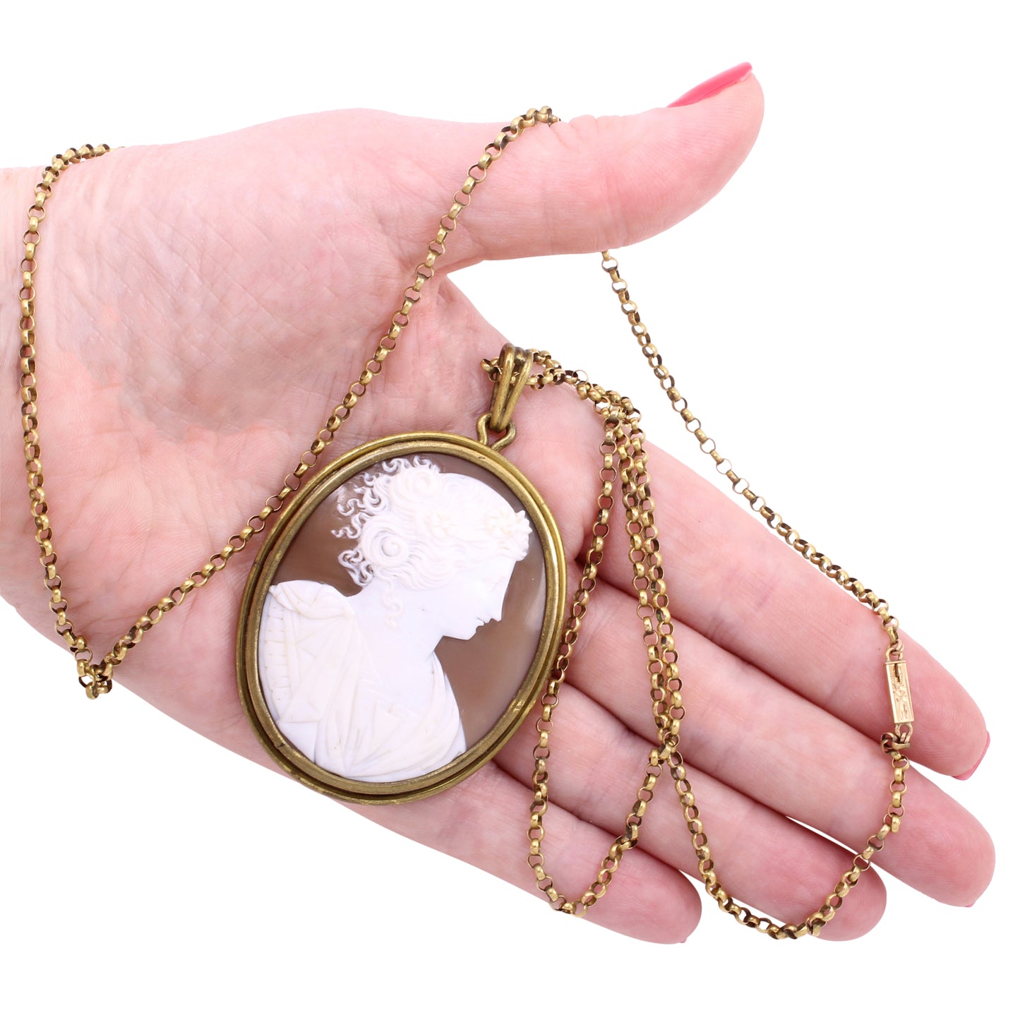 Victorian Sardonyx Shell Cameo Pendant Held