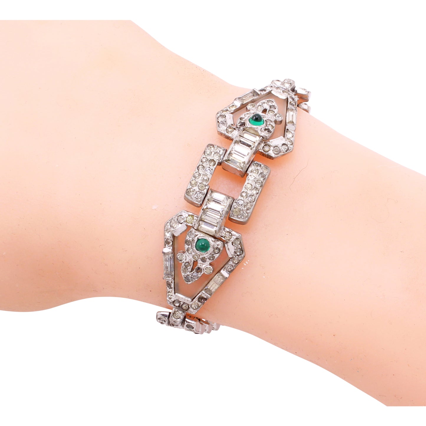Art Deco Camphor Glass and Rhinestone Bracelet Worn