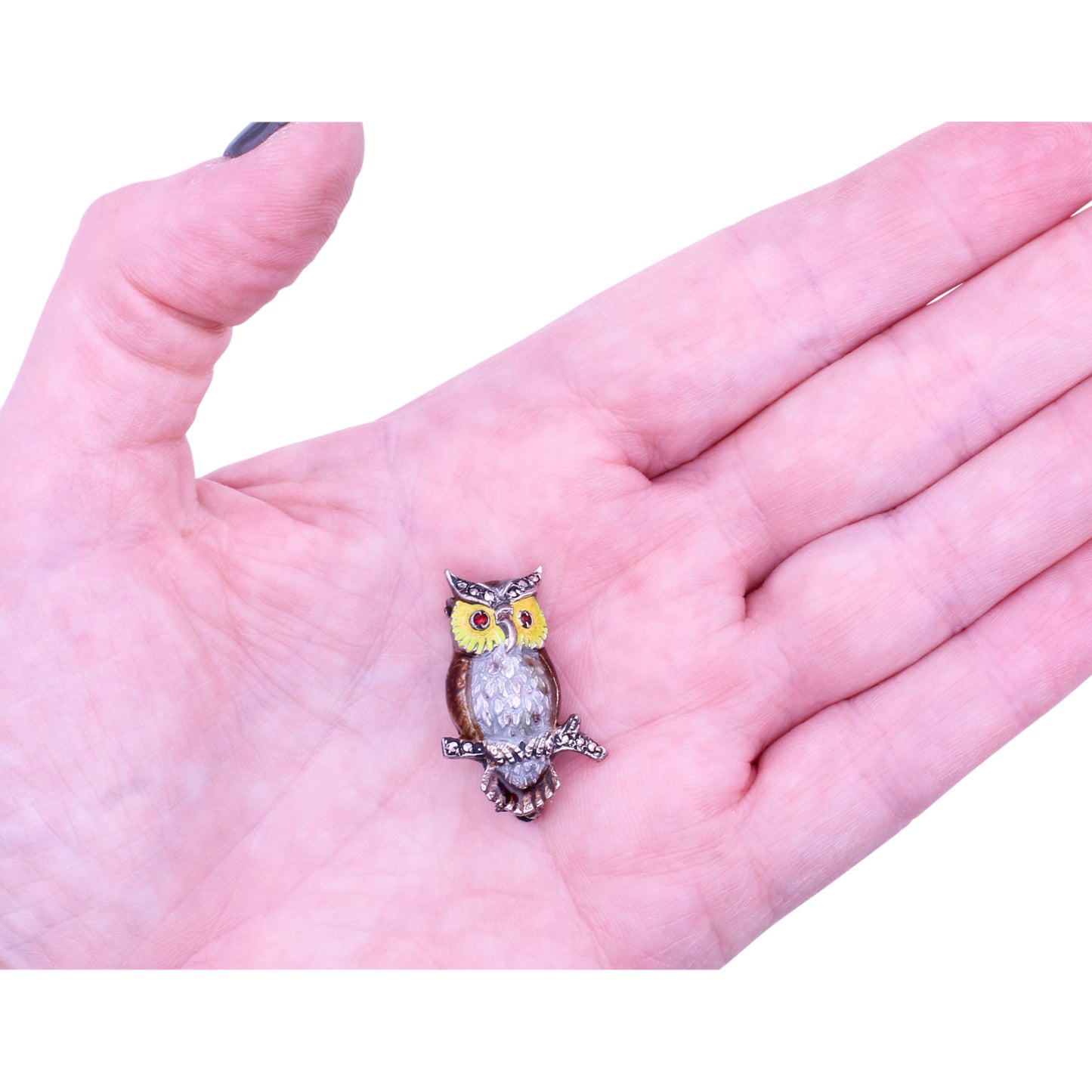 Alice Caviness Sterling Enamel Owl Pin Held