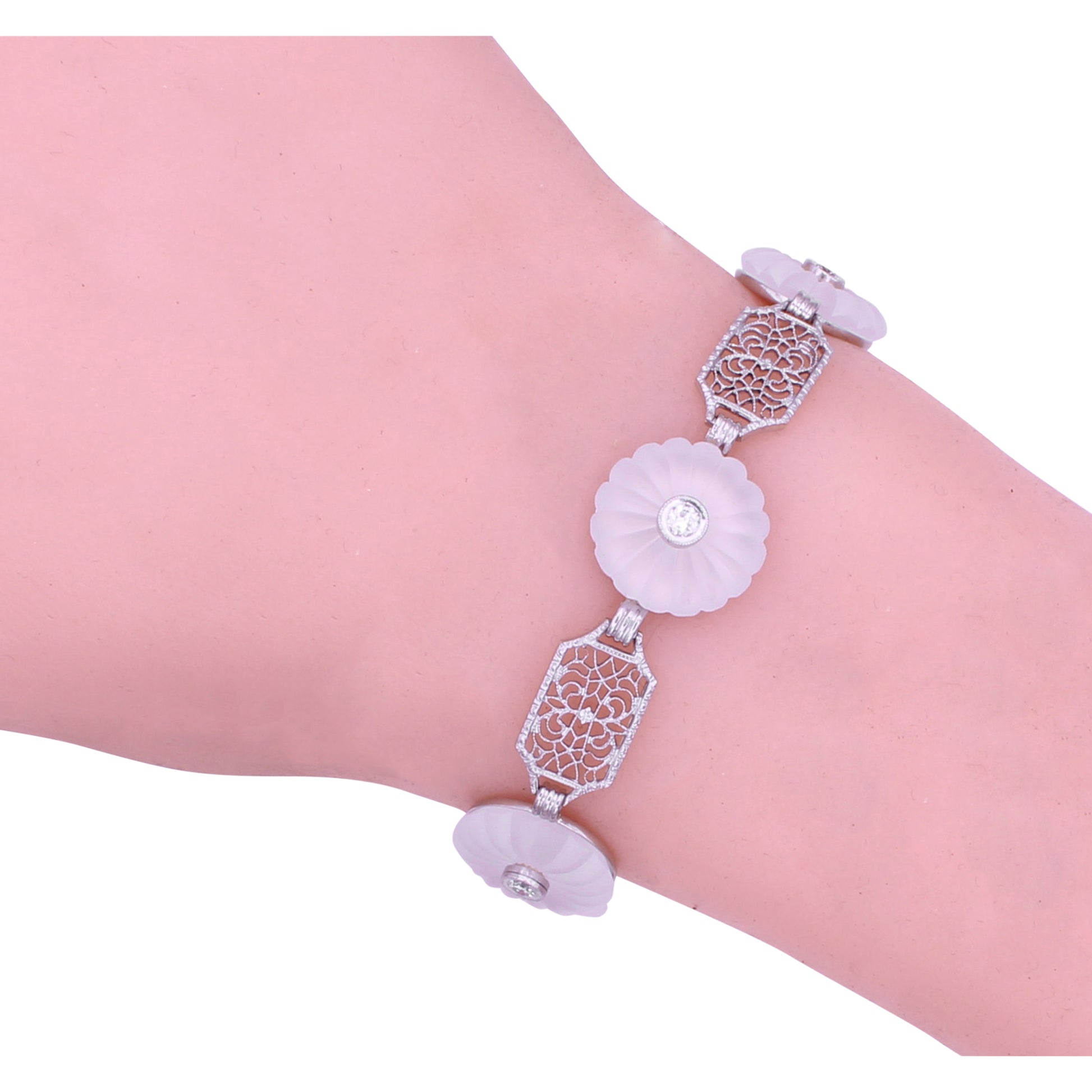 Art Deco 14k White Gold Filigree Rock Crystal and Diamond Bracelet Worn