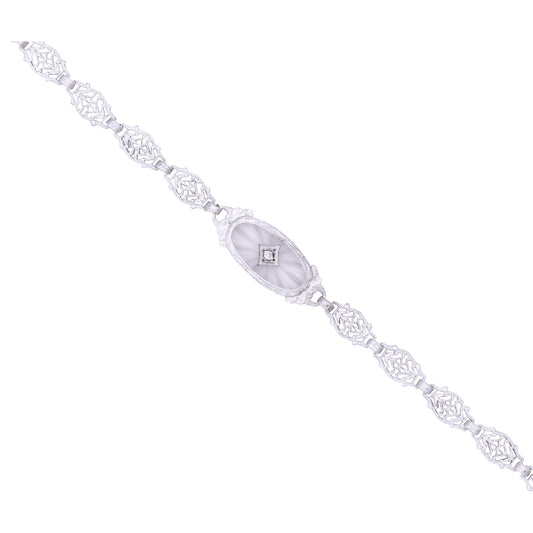 Art Deco 14k Gold, Diamond and Rock Crystal Filigree Bracelet Close