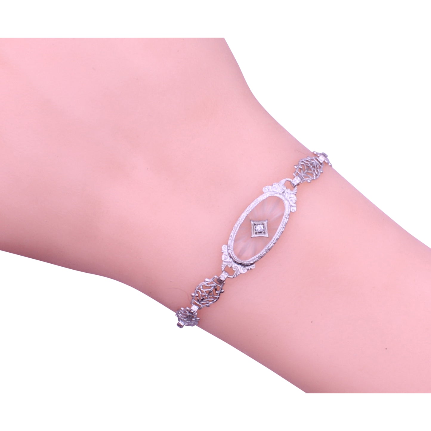 Art Deco 14k Gold, Diamond and Rock Crystal Filigree Bracelet Worn