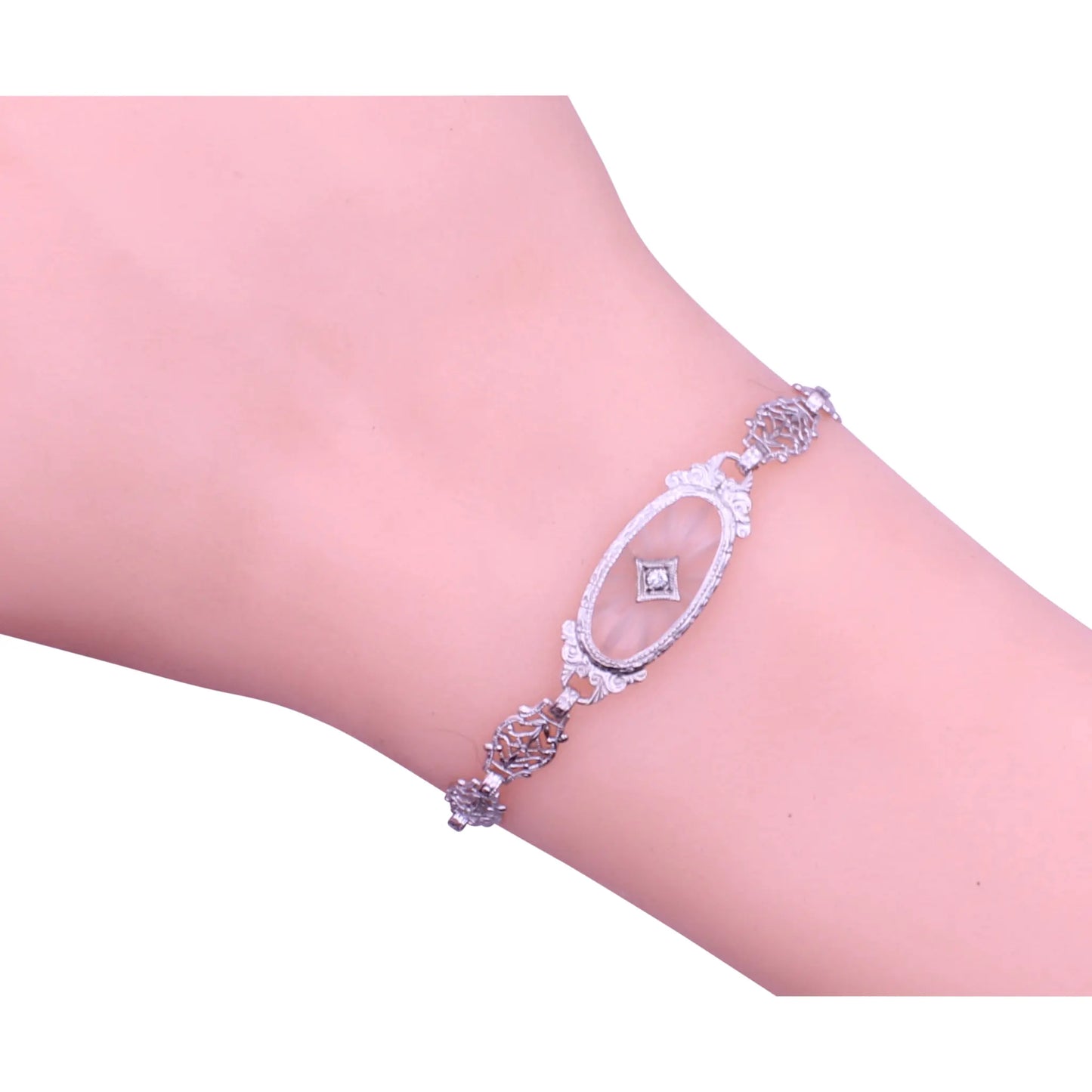 Art Deco 14k Gold, Diamond and Rock Crystal Filigree Bracelet Worn
