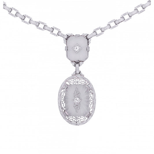 Art Deco 14k White Gold Filigree Rock Crystal and Diamond Necklace Front
