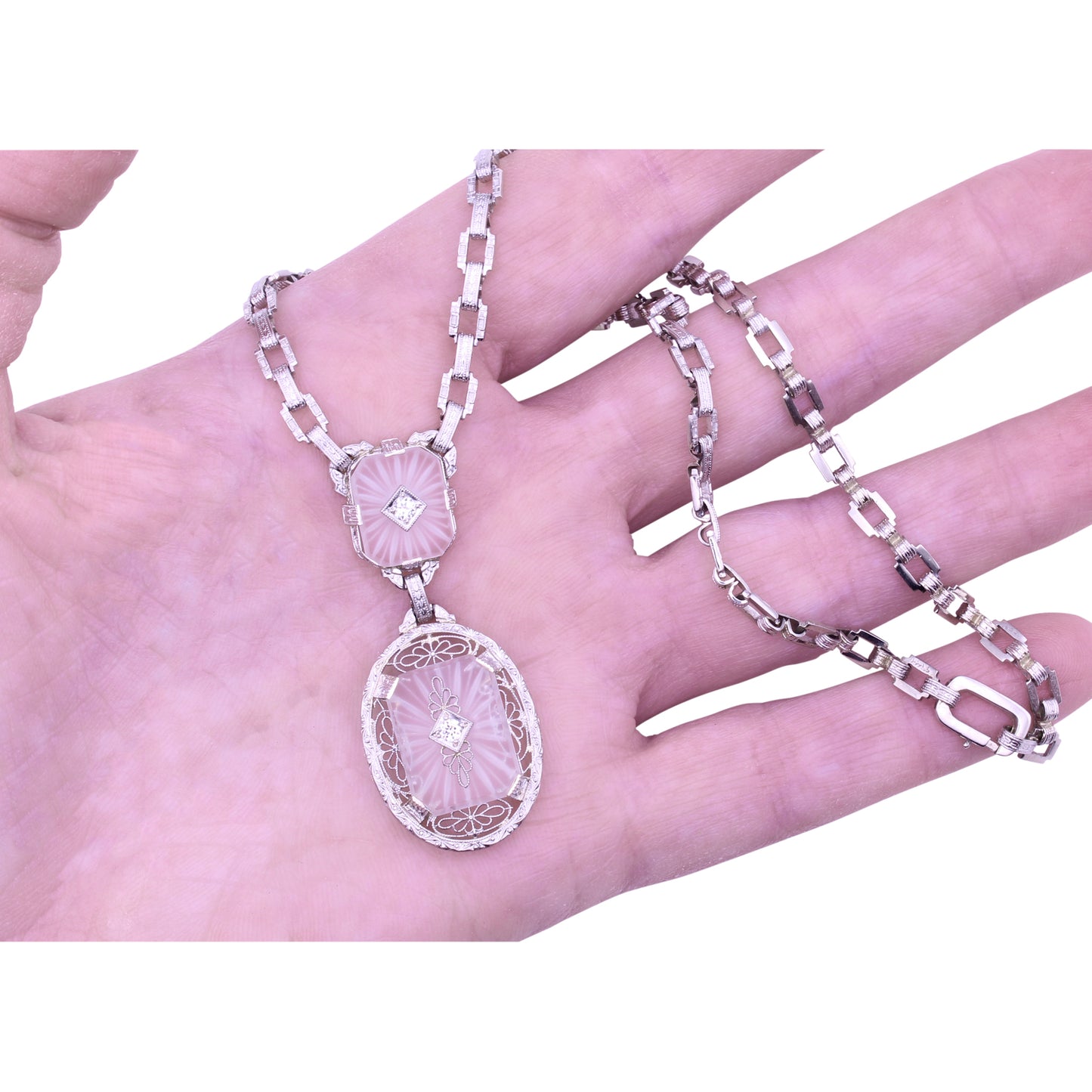 Art Deco 14k White Gold Filigree Rock Crystal and Diamond Necklace Held