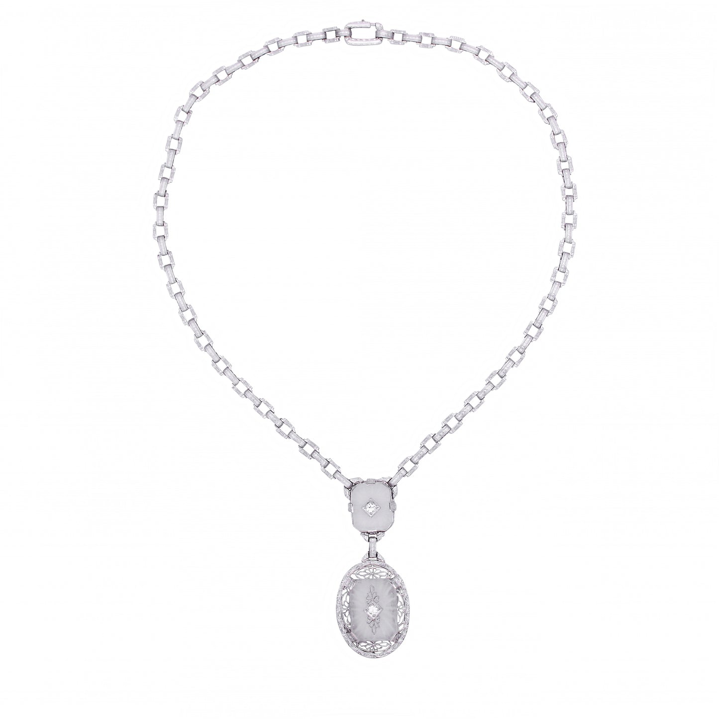 Art Deco 14k White Gold Filigree Rock Crystal and Diamond Necklace