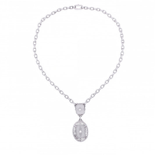 Art Deco 14k White Gold Filigree Rock Crystal and Diamond Necklace