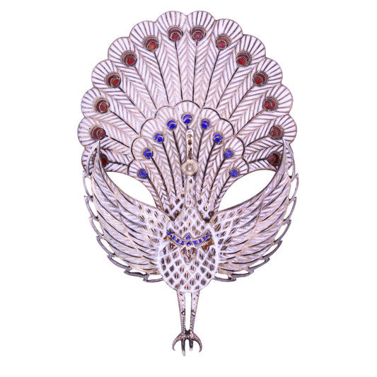 Vintage Large Sterling Vermeil White Enamel Peacock Pin Brooch Front