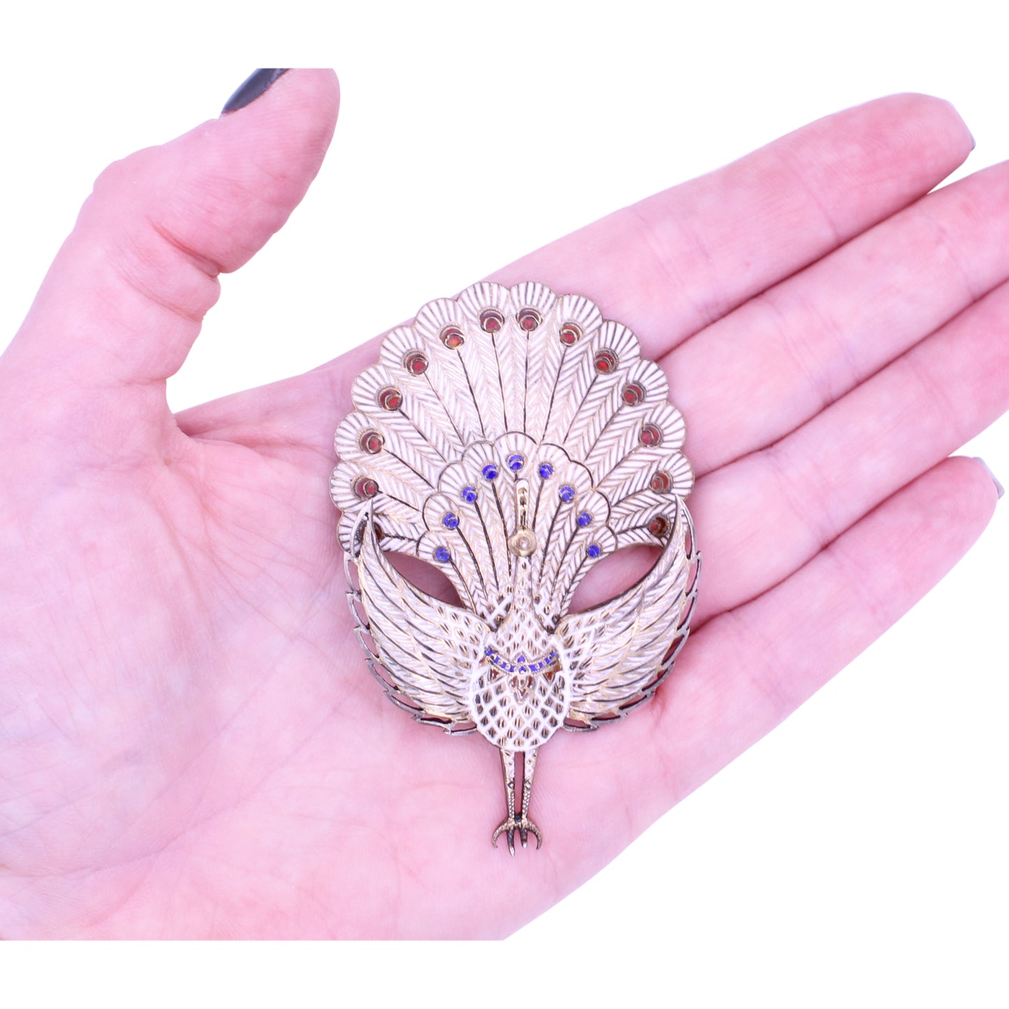 Vintage Large Sterling Vermeil White Enamel Peacock Pin Brooch Held