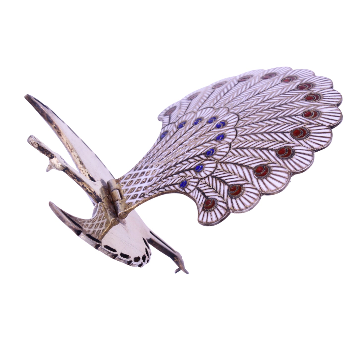 Vintage Large Sterling Vermeil White Enamel Peacock Pin Brooch Side
