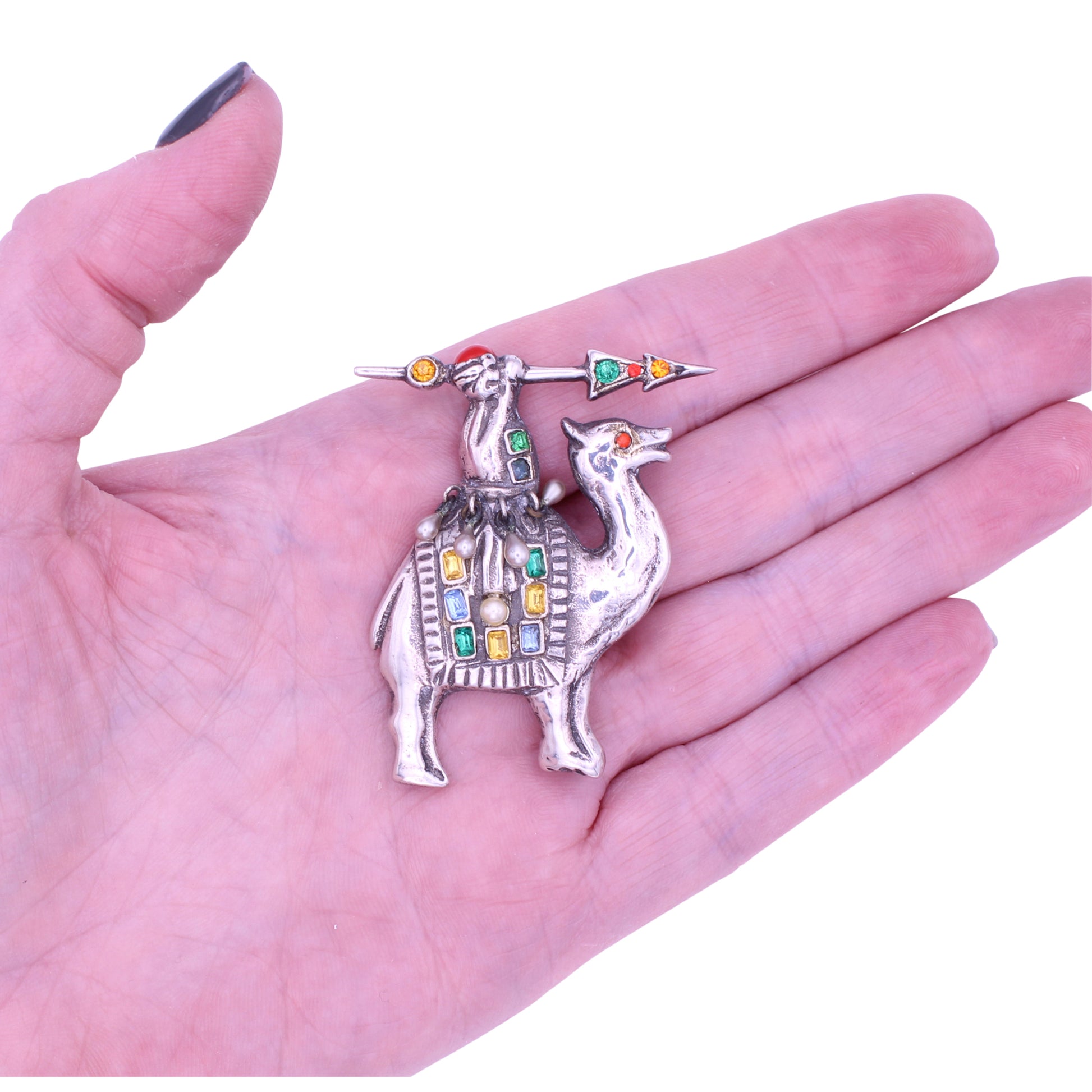 Estabell Sterling Rhinestone Warrior  on a Camel Pin Brooch Held