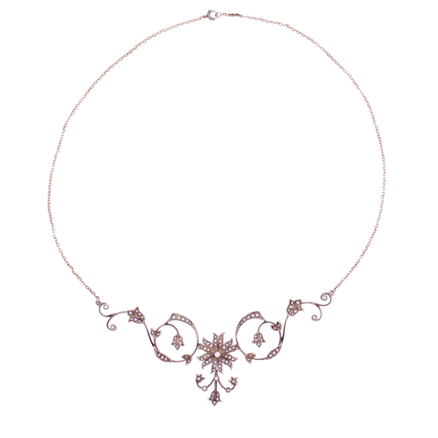 Victorian Yellow Gold and Seed Pearl Flower Necklace Front