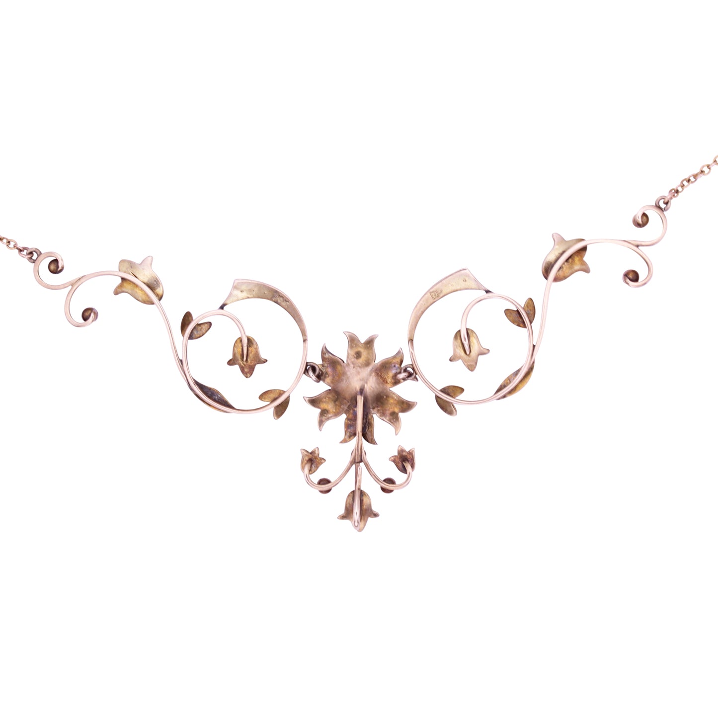 Victorian Yellow Gold and Seed Pearl Flower Necklace Back