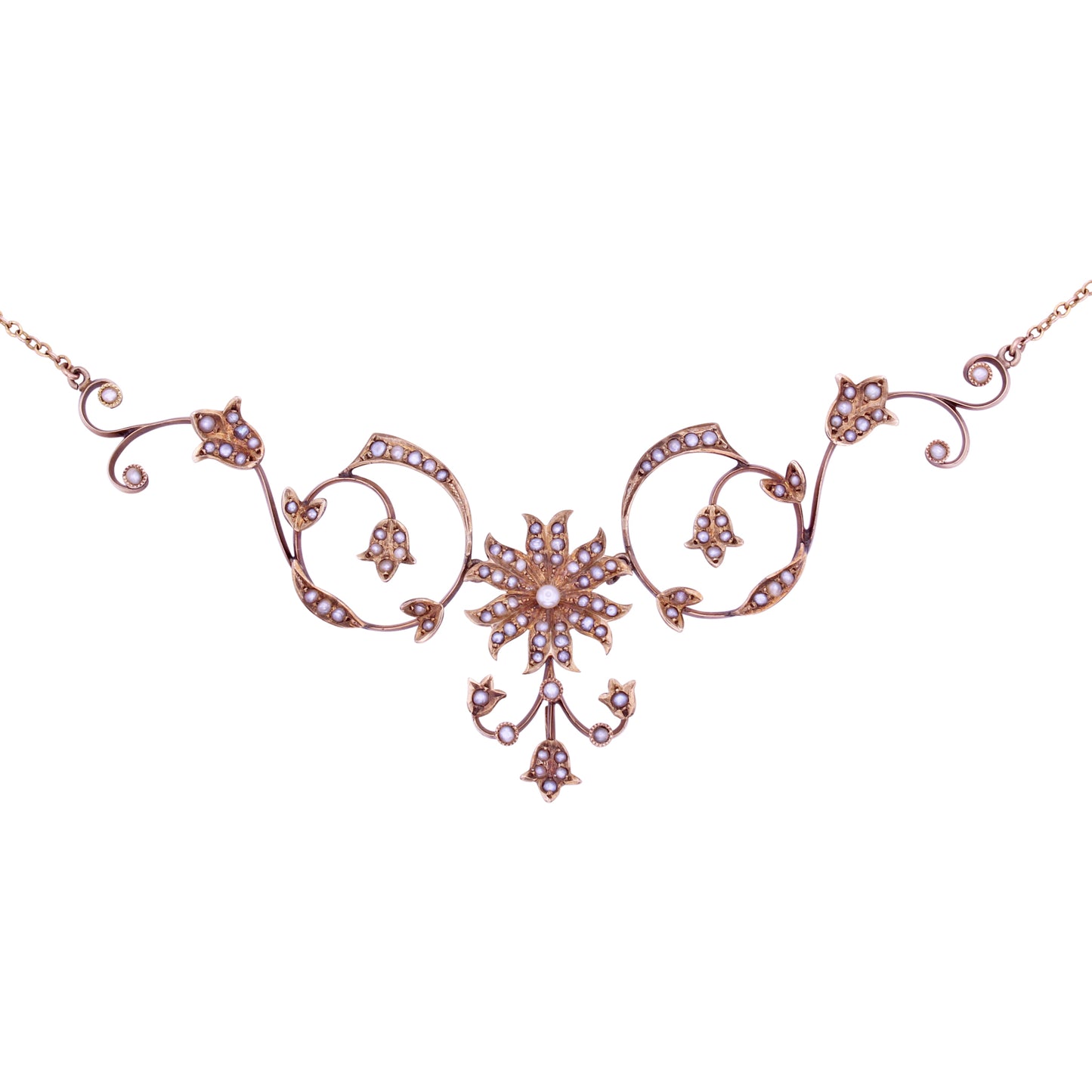 Victorian Yellow Gold and Seed Pearl Flower Necklace Close