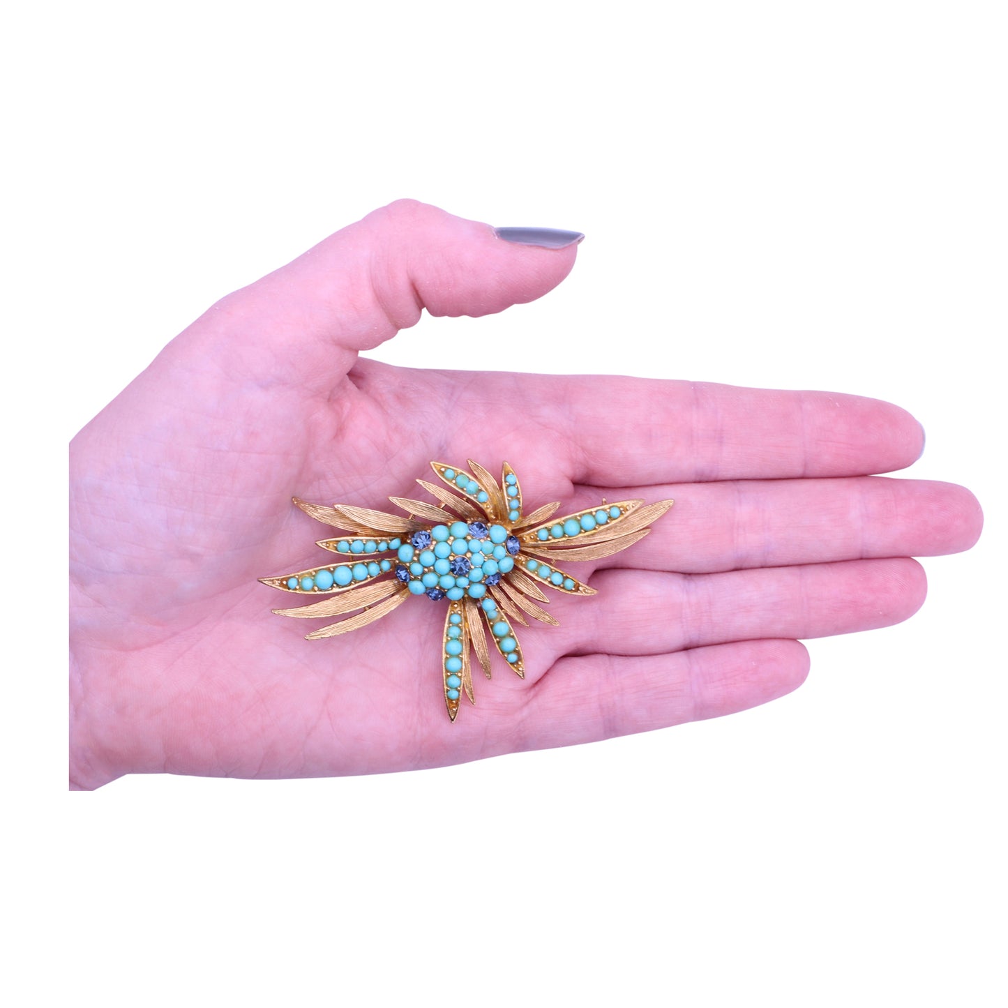 Lisner Turquoise Cabochon and Sapphire Rhinestone Pin Brooch Held