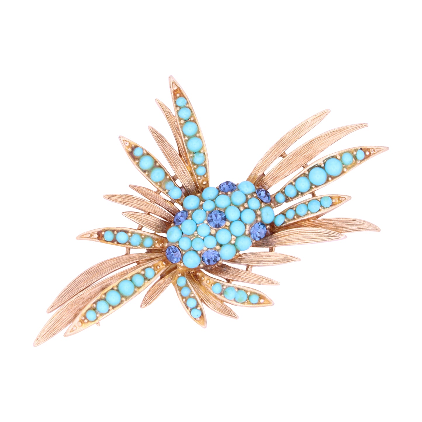 Lisner Turquoise Cabochon and Sapphire Rhinestone Pin Brooch