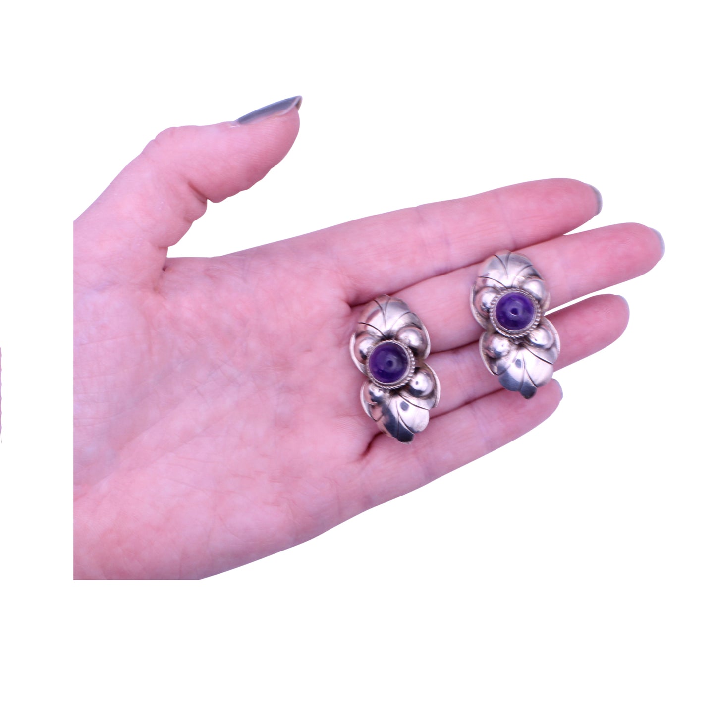 Taxco, Mexico Sterling Amethyst Pre-eagle Earrings Held