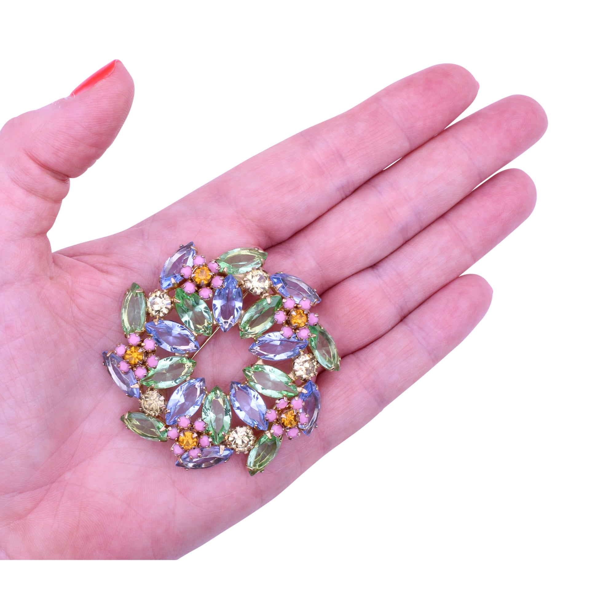 Pretty Pastel Rhinestone Wreath Pin Brooch Back
