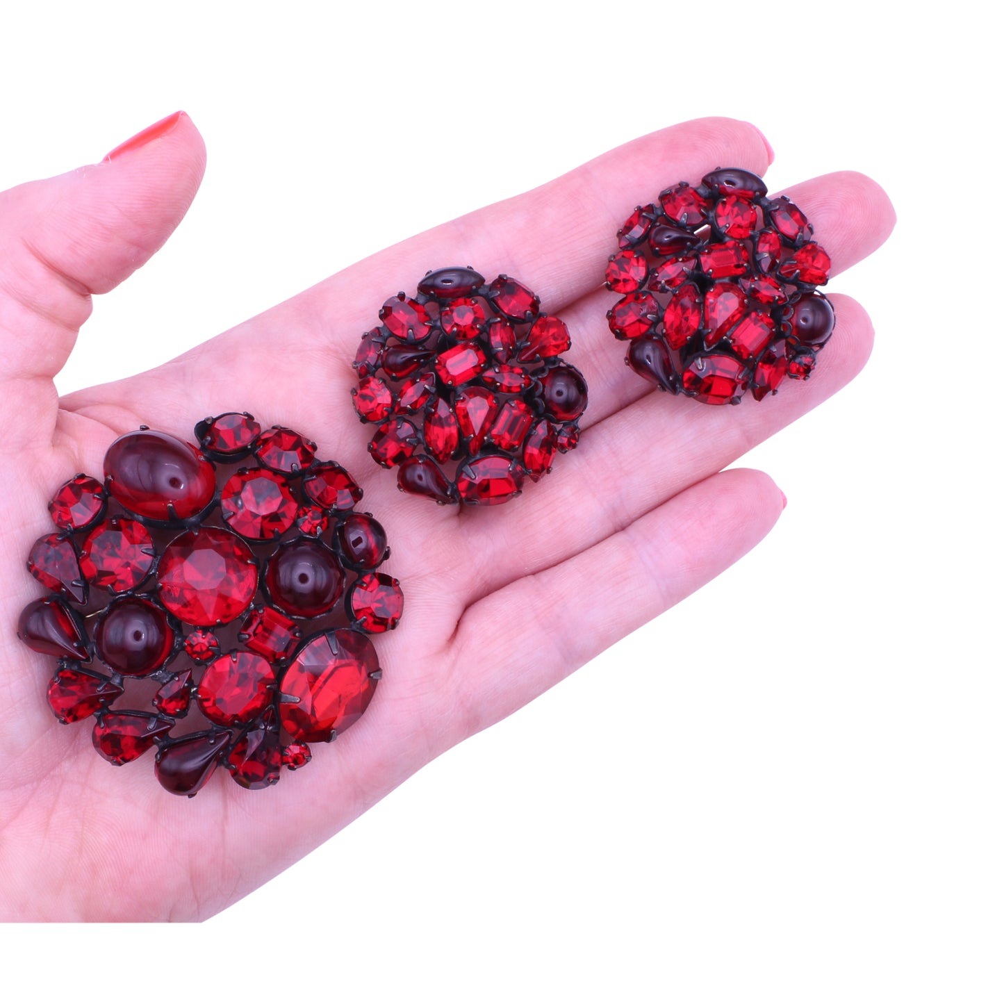 Red Rhinestone Pin Brooch and Earrings Held