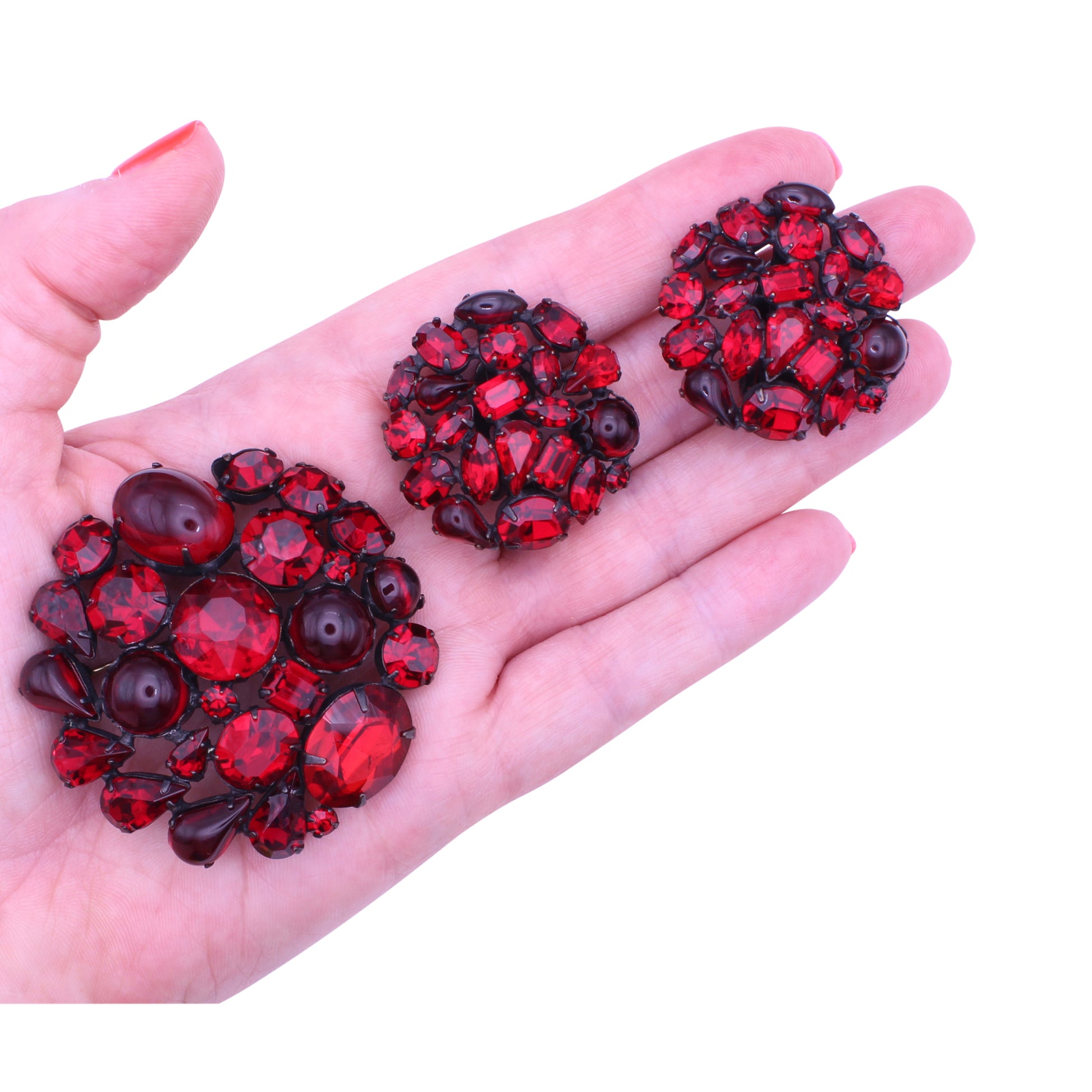 Red Rhinestone Pin Brooch and Earrings Held