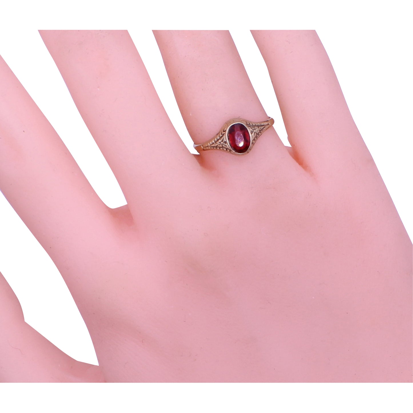 Otsby & Barton 10k Gold Red Glass Ring Worn