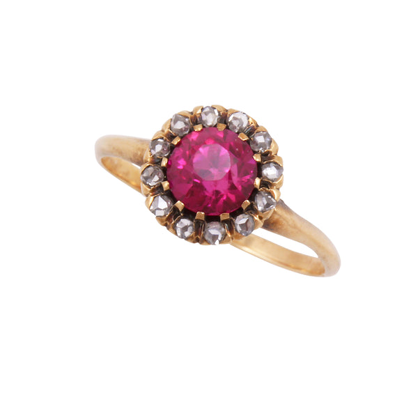 Edwardian Pink Ruby and Diamond 14k Halo Gold Ring Side