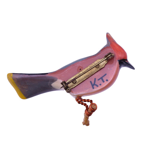 Rare Takahashi Bohemian Waxwing VintageWood  Bird Pin Brooch Back