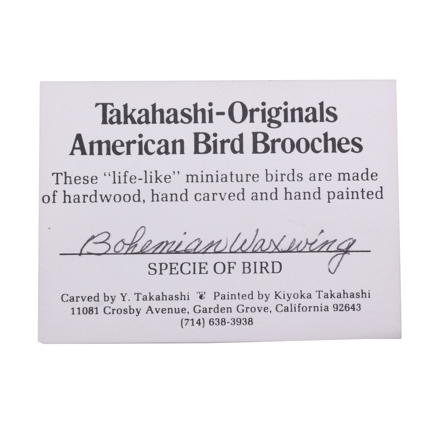Rare Takahashi Bohemian Waxwing VintageWood Bird Pin Brooch Card