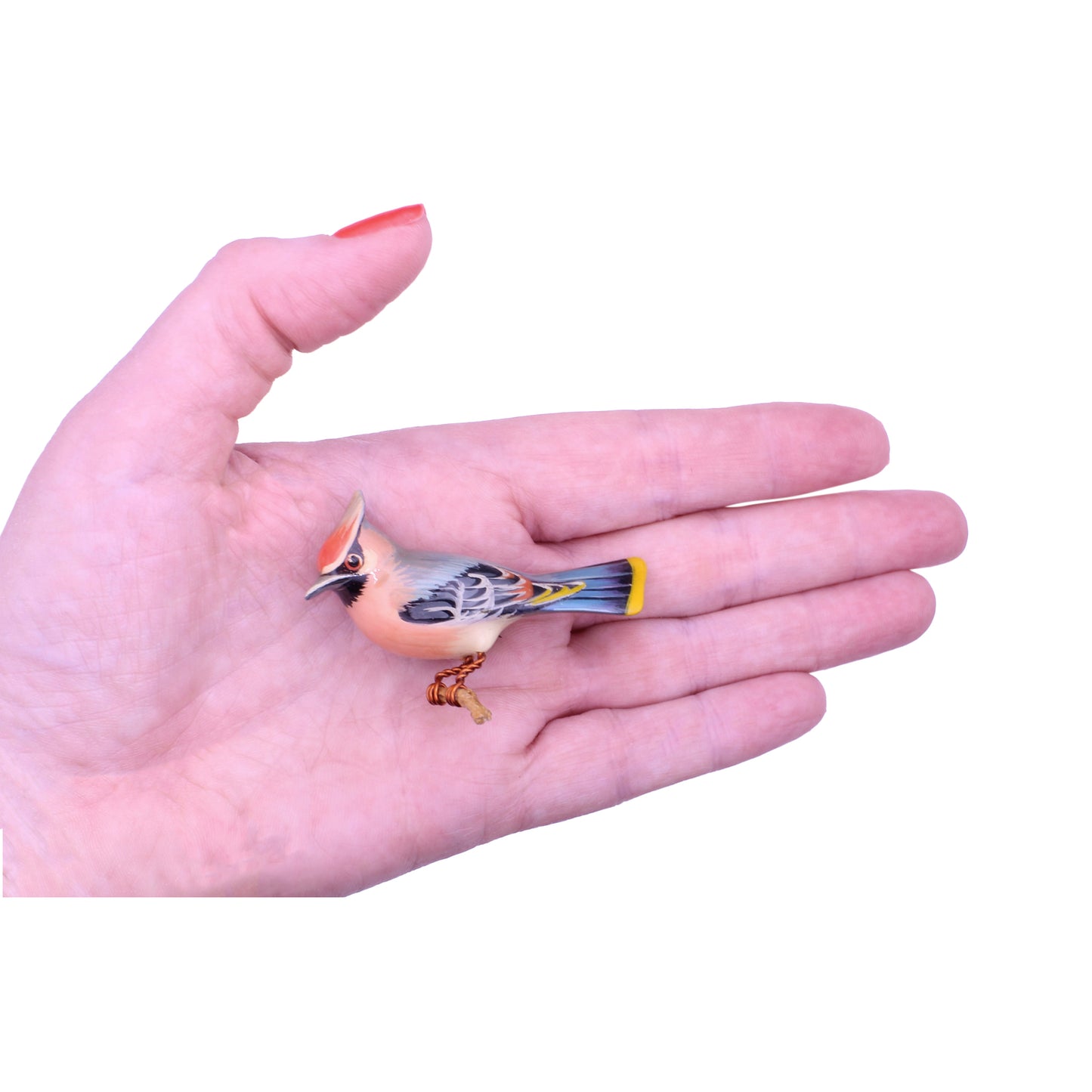 Rare Takahashi Bohemian Waxwing VintageWood Bird Pin Brooch Held