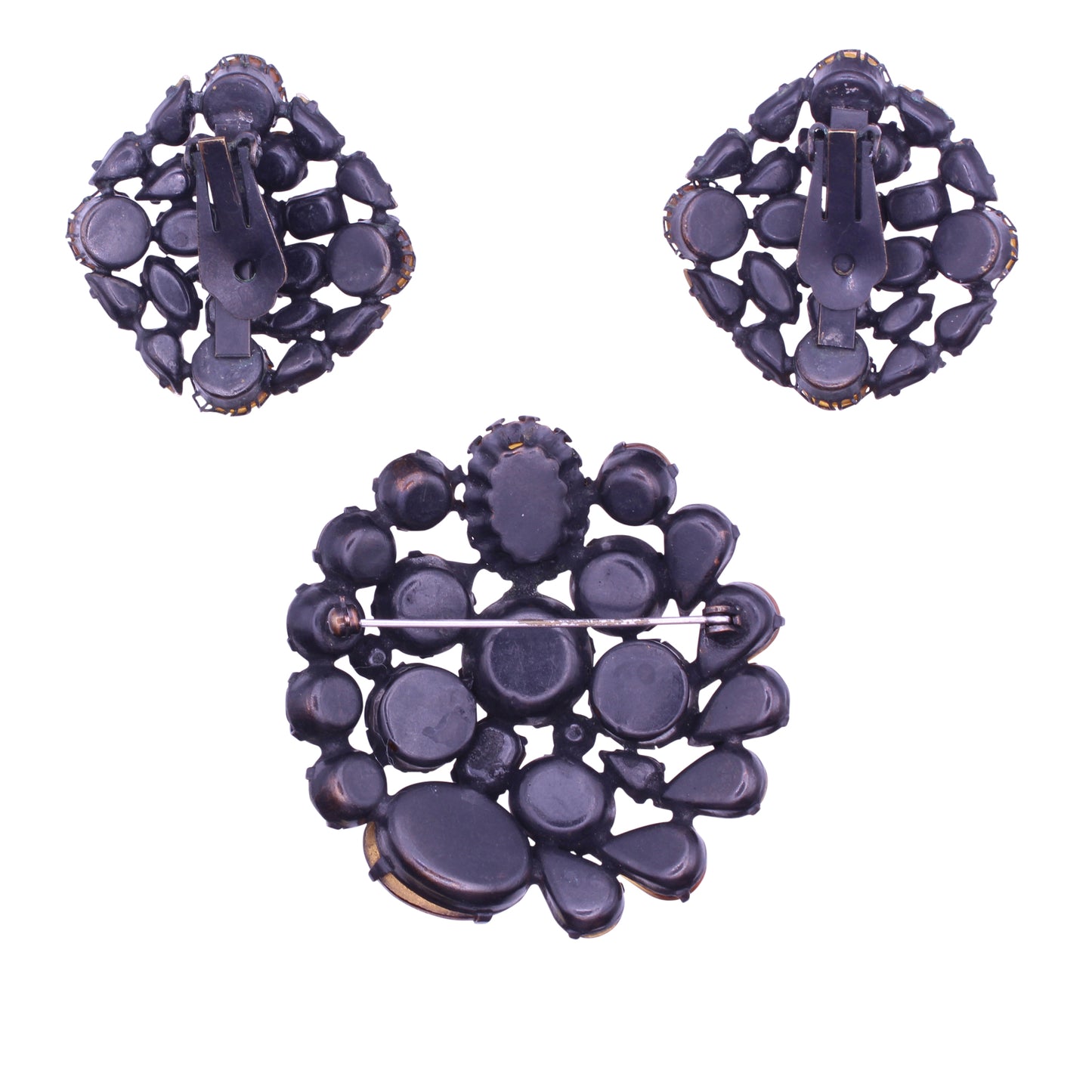 Topaz and Citrine Rhinestone and Cabochon Japanned Pin Brooch and Earrings Back