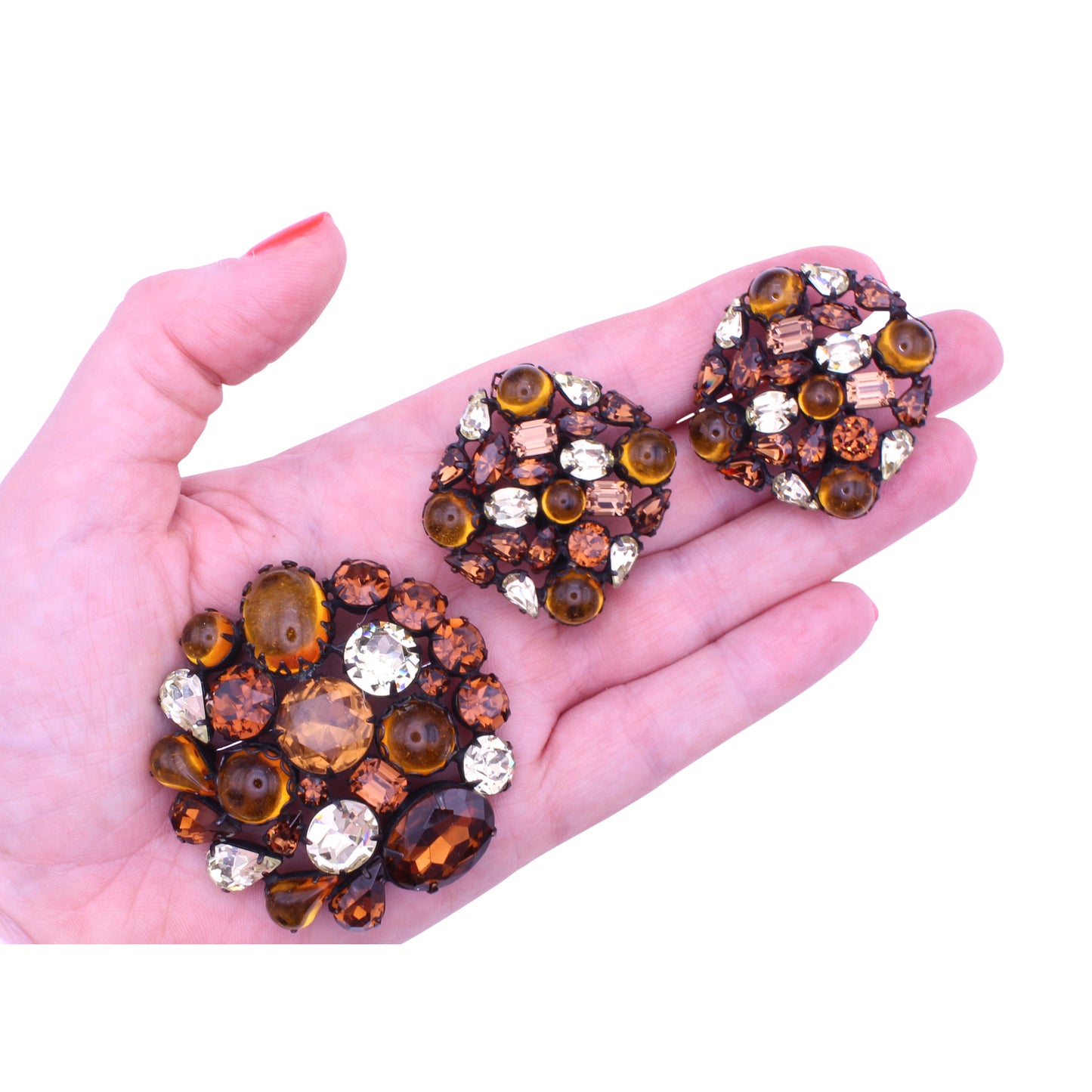 Topaz and Citrine Rhinestone and Cabochon Japanned Pin Brooch and Earrings