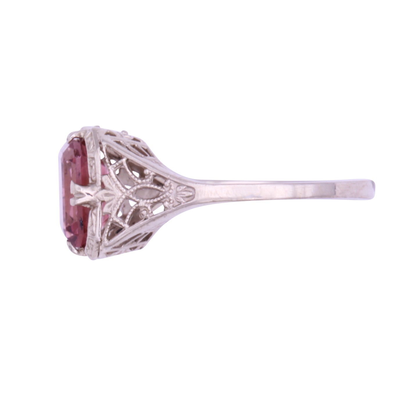 Art Deco Pink Tourmaline 14k White Gold Filigree Ring Side