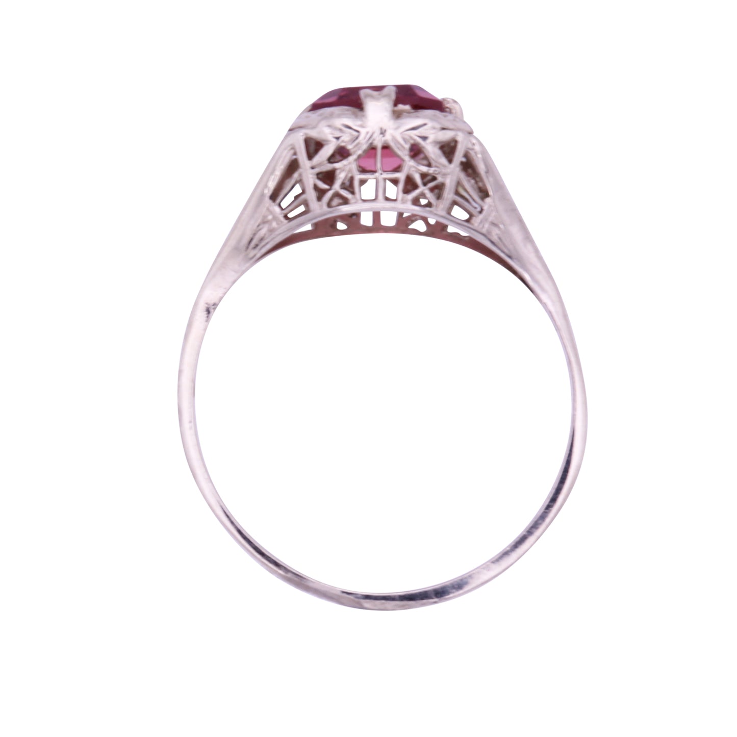 Art Deco Pink Tourmaline 14k White Gold Filigree Ring Full Side