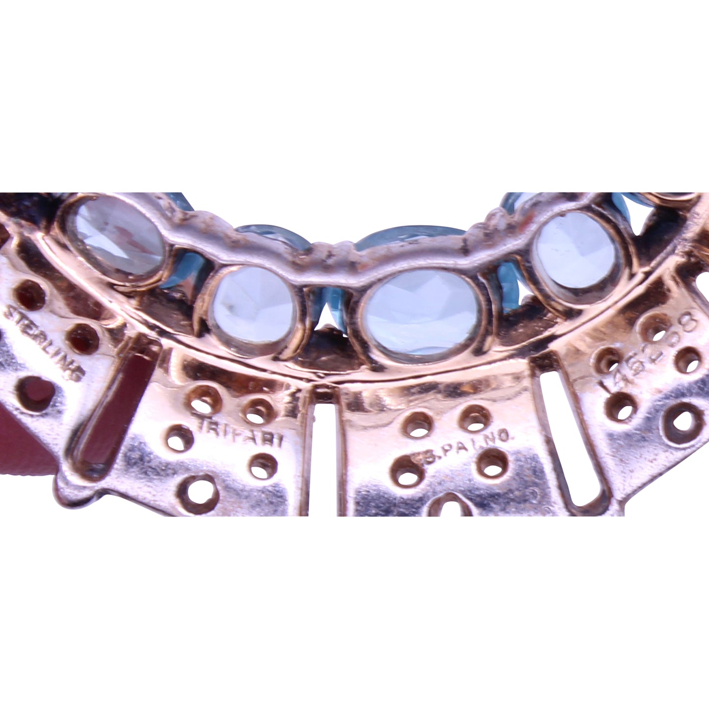 Trifari Sterling Silver Vermeil Aquamarine Rhinestone Crescent Pin Brooch Signature