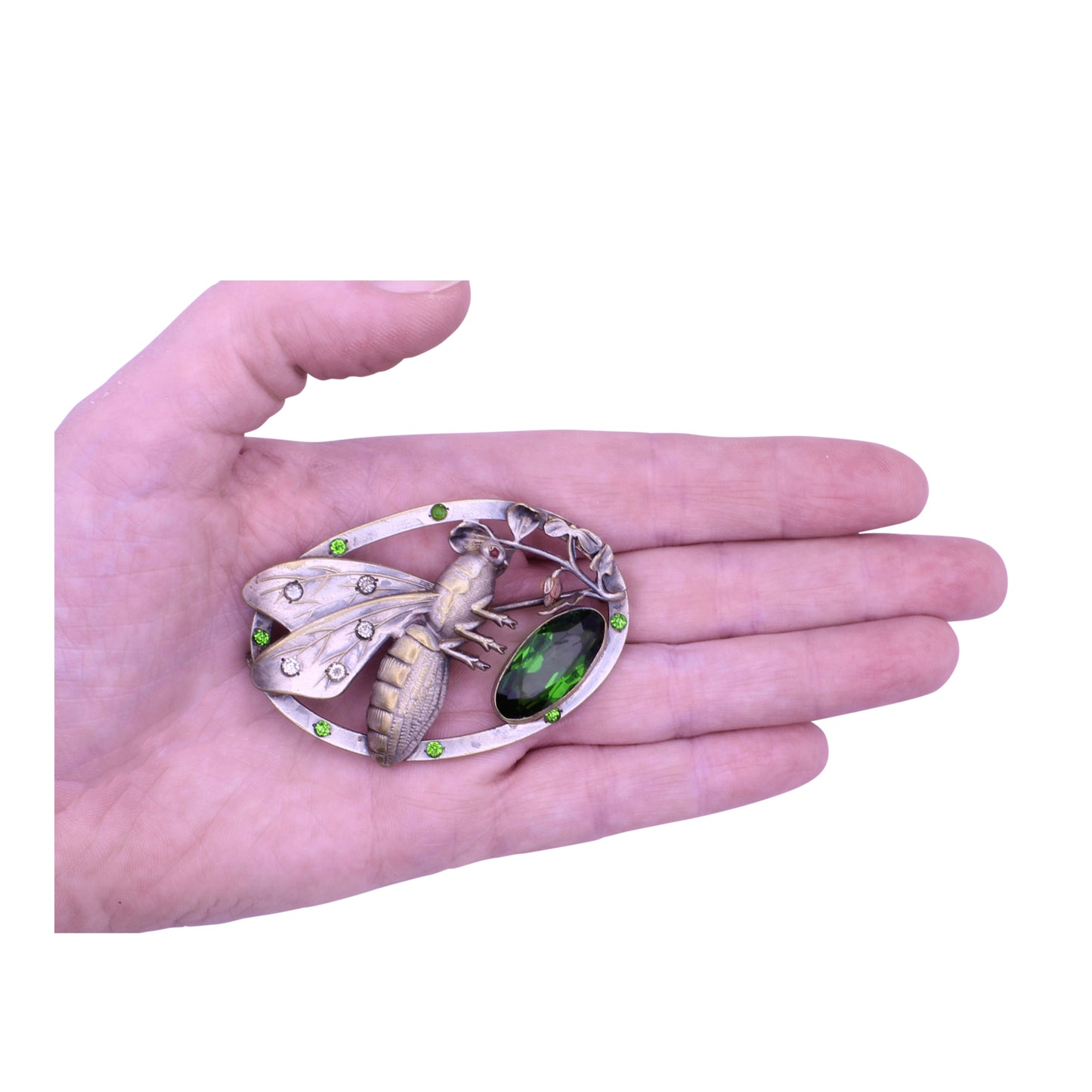 Victorian Peridot Rhinestone Insect Sash Pin Brooch Held