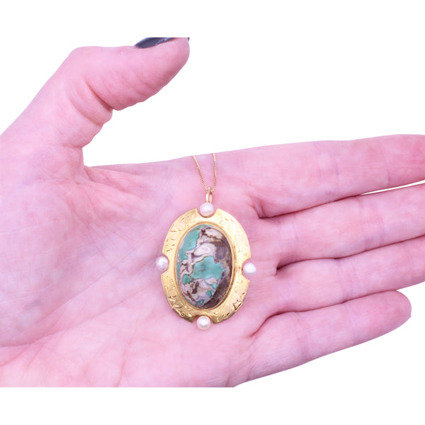Victorian 14k Gold Stone and Pearl Pendant Held