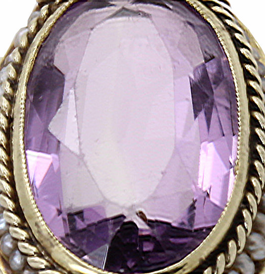 Vintage 14K 1920s Multicolor Gold Seed Pearls Large Amethyst Ring Close