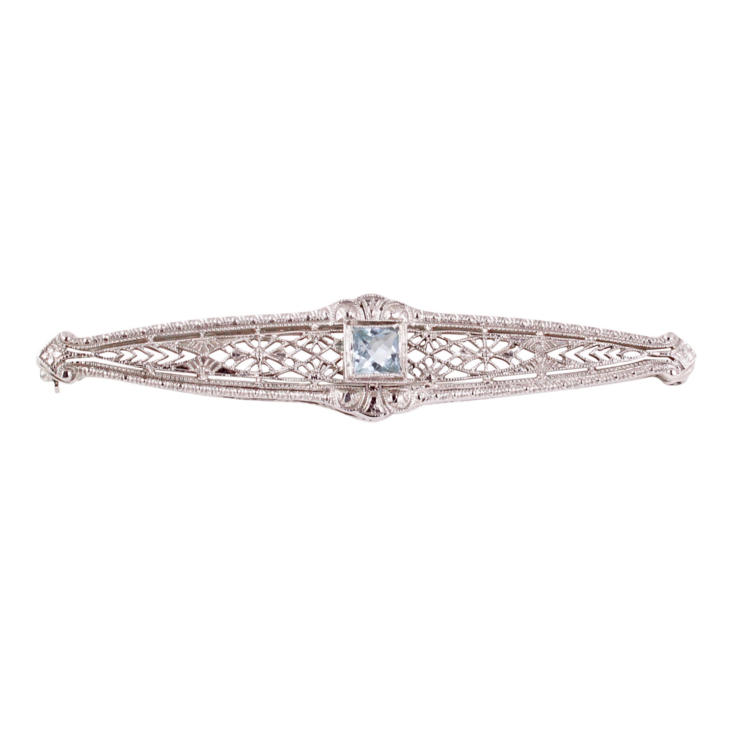 Art Deco Aquamarine 14k White Gold Filigree Pin Front