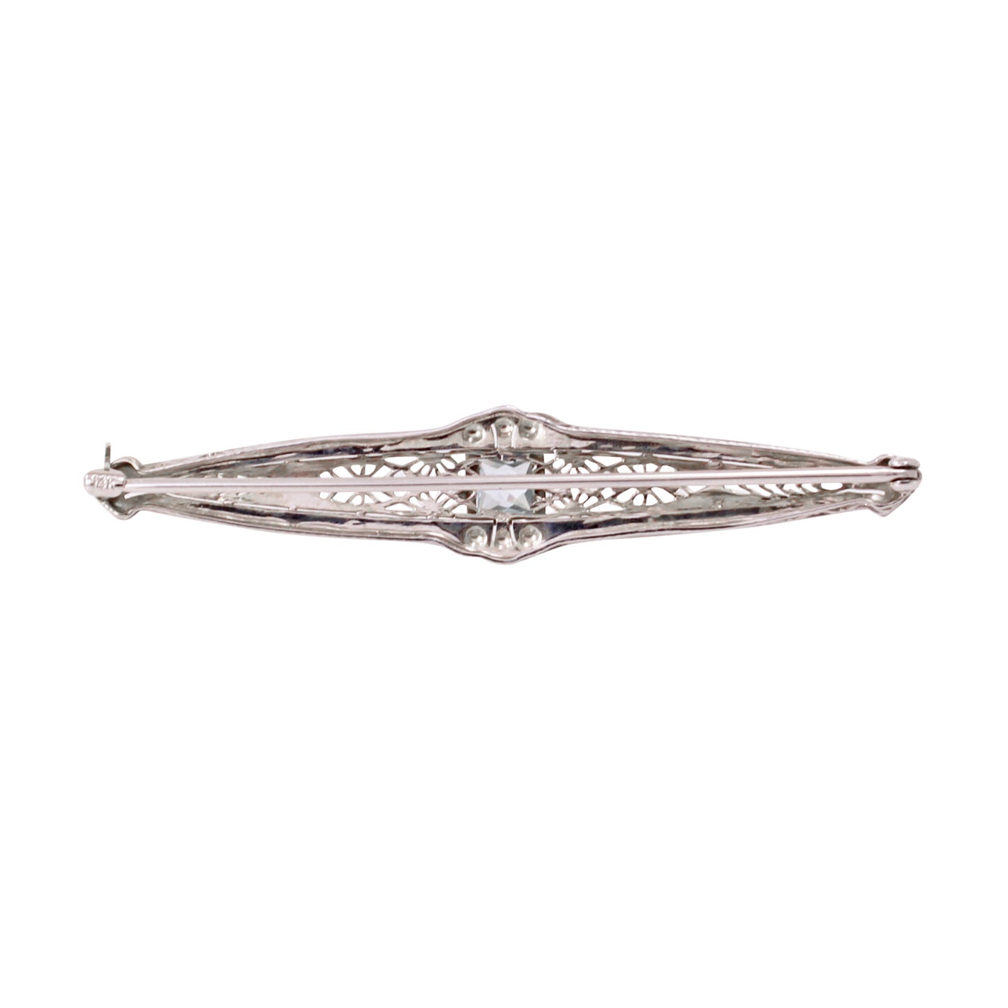 Art Deco Aquamarine 14k White Gold Filigree Pin Back