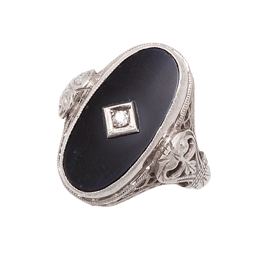 Art Deco Onyx and Diamond 14k White Gold Filgiree Ring