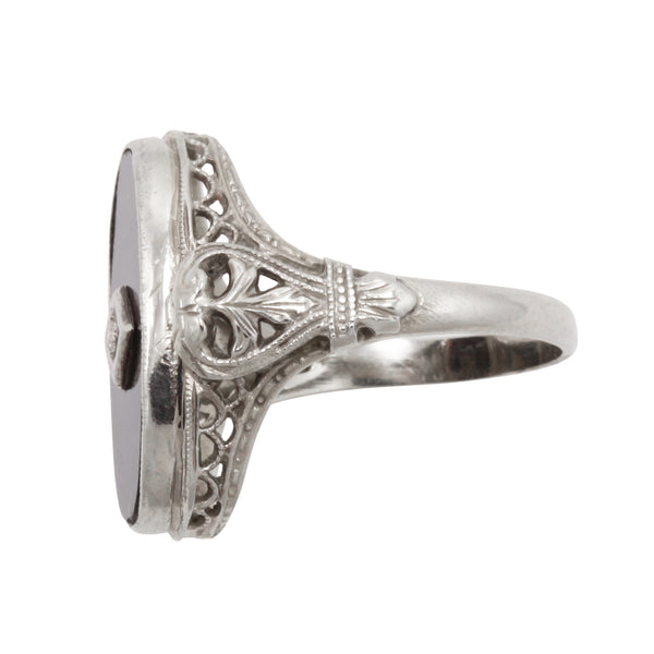 Art Deco Onyx and Diamond 14k White Gold Filgiree Ring