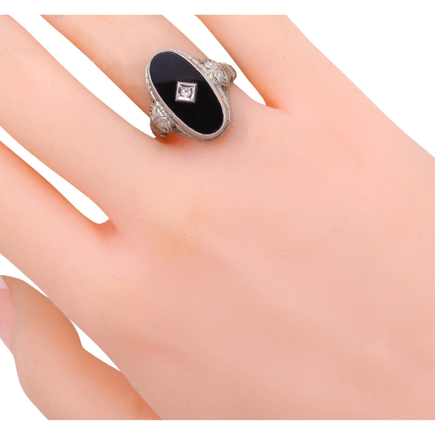 Art Deco Onyx and Diamond 14k White Gold Filgiree Ring
