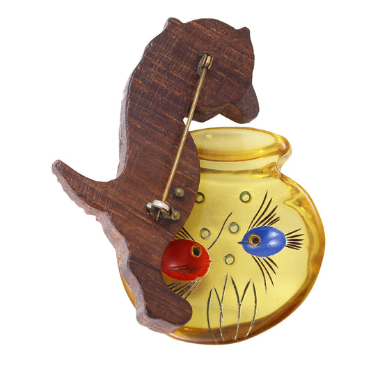 Wood Cat and Reverse Carved Bakelite Fish Bowl Pin Back